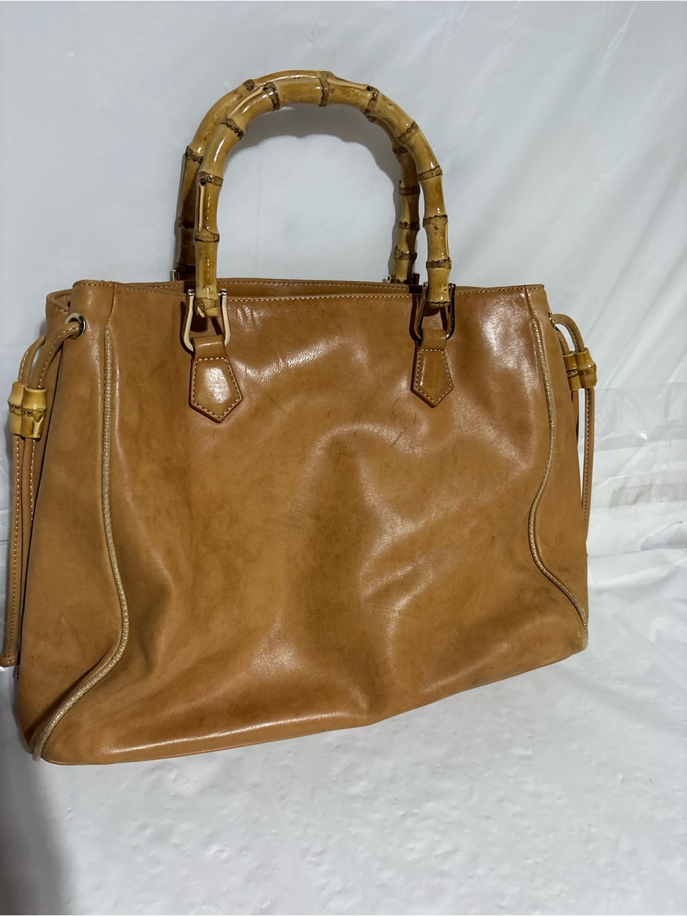 J. McLaughlin Structured Bamboo-Handle Tote in Tan Leather
